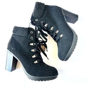Andiamo Black Boots With Black Rhinestones & Faux Fur 4 inch heel